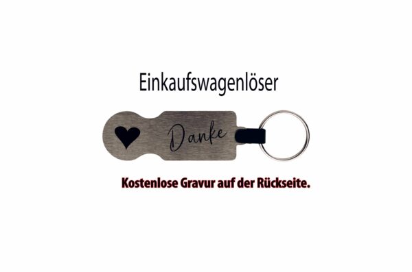 Silberfarbener Einkaufswagenlöser aus Metall mit Danke-Motiv, Herz und Schlüsselring