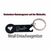Schwarzer Metall-Einkaufswagenlöser mit weißem Herz, Danke-Schriftzug und Schlüsselring