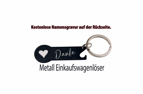 Schwarzer Metall-Einkaufswagenlöser mit weißem Herz, Danke-Schriftzug und Schlüsselring
