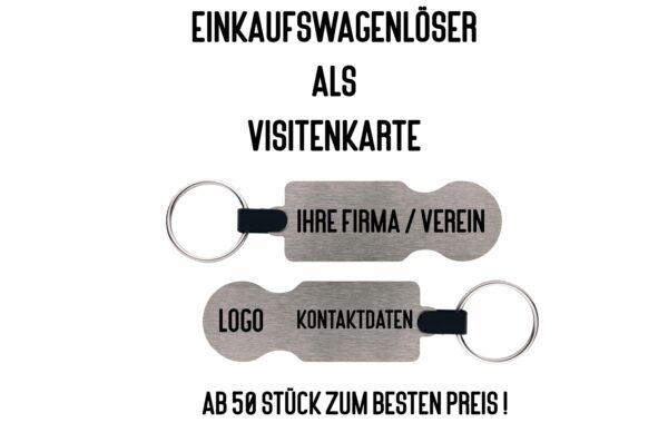 Einkaufswagenlöser als Visitenkarte – Gestaltungsbeispiel Vorder- und Rückseitenansicht eines Edelstahl-Einkaufswagenlösers mit Beispielgravur für Firma, Verein, Logo und Kontaktdaten