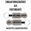 Vorder- und Rückseitenansicht eines Edelstahl-Einkaufswagenlösers mit Beispielgravur für Firma, Verein, Logo und Kontaktdaten