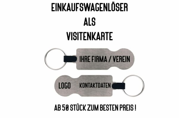 Vorder- und Rückseitenansicht eines Edelstahl-Einkaufswagenlösers mit Beispielgravur für Firma, Verein, Logo und Kontaktdaten