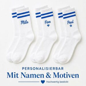 Personalisierte Sportsocken mit Namen & Motiv Gestickt | Weiße Tennissocken mit farbigen Streifen