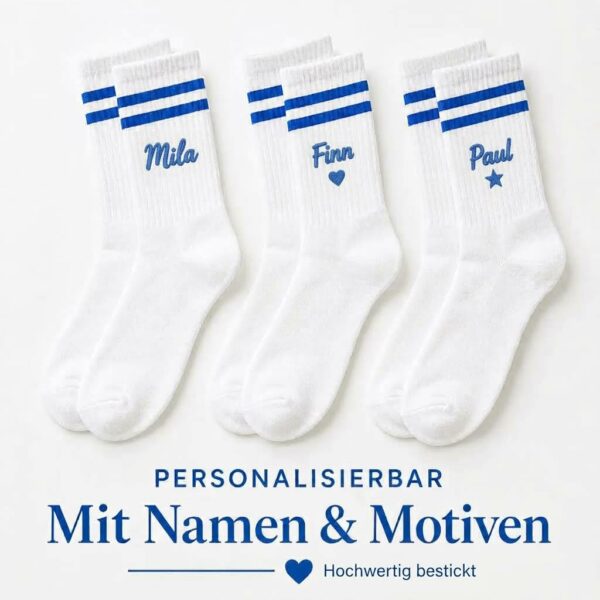 Personalisierte Sportsocken mit Namen & Motiv Gestickt | Weiße Tennissocken mit farbigen Streifen
