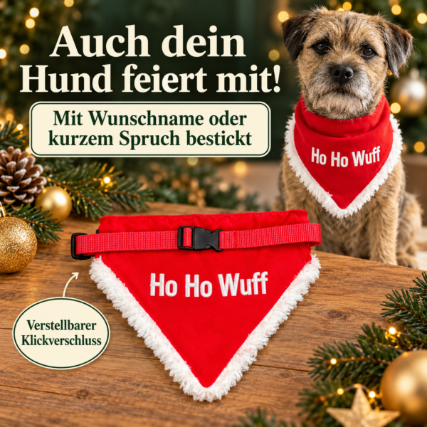 Rot-weißes Weihnachts-Hundebandana mit weißer Fellkante, verstellbarem Klickverschluss und Beispielstickerei Ho Ho Wuff