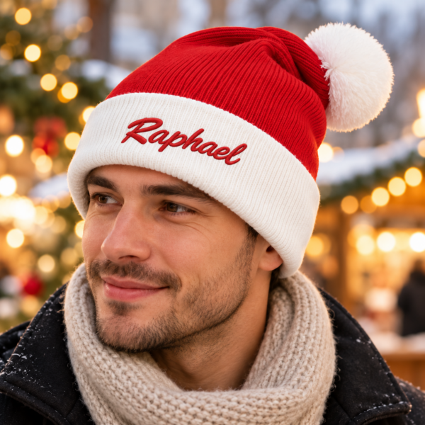 Rot-weiße Weihnachts-Strickmütze mit weißem Bommel und roter Namensstickerei auf dem weißen Umschlag