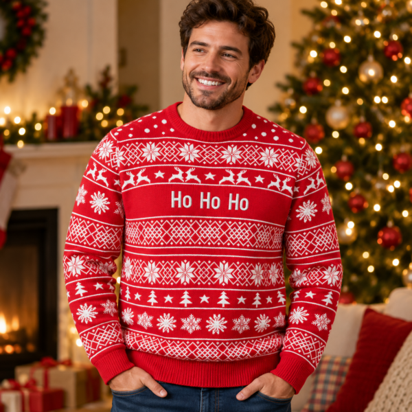 Roter Weihnachtspullover mit weißem nordischem Muster und Bruststickerei Ho Ho Ho