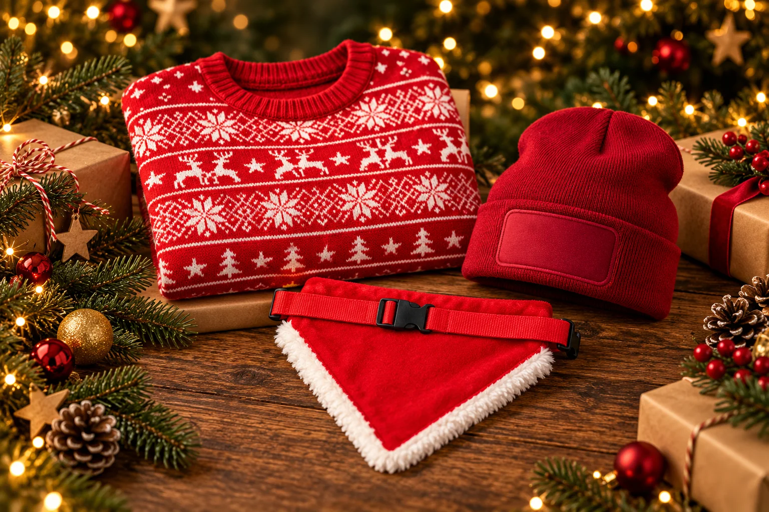 Weihnachtliche Geschenkideen mit rotem Norwegerpullover, Patch-Beanie und Hundebandana